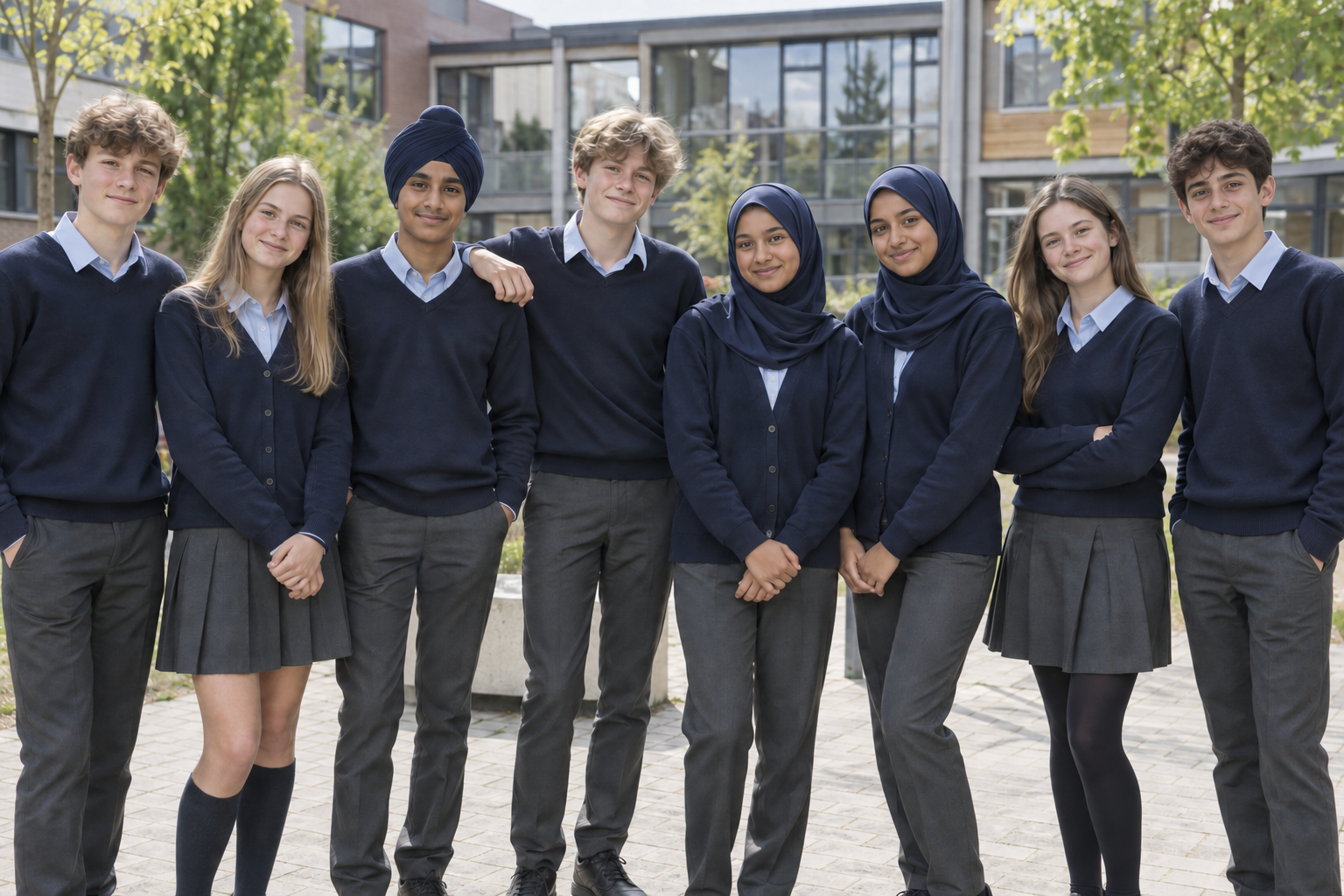 AI-illustratie van acht leerlingen van ongeveer veertien jaar in bij elkaar passende schoolkleding. Eén leerling draagt een tulband; twee meisjes dragen dezelfde donkerblauwe hoofddoek.